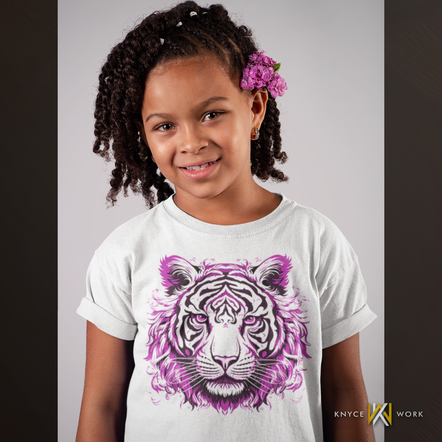 Pink Flame White Tiger Kids Tee